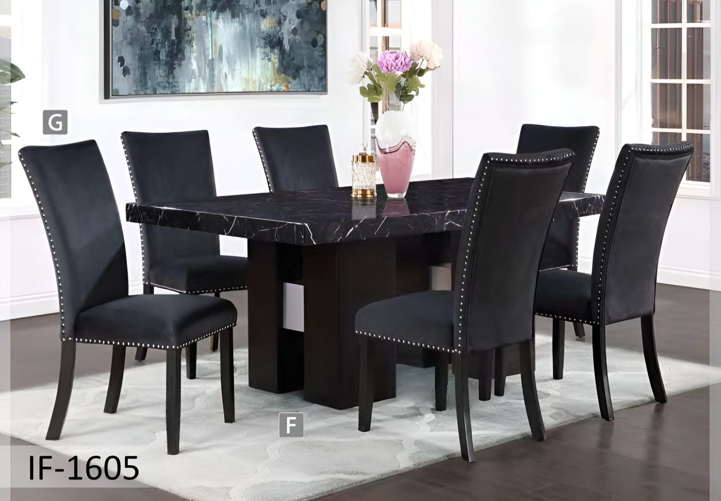 Ensemble de salle à manger en marbre noir avec chaises en velours – IF-1605