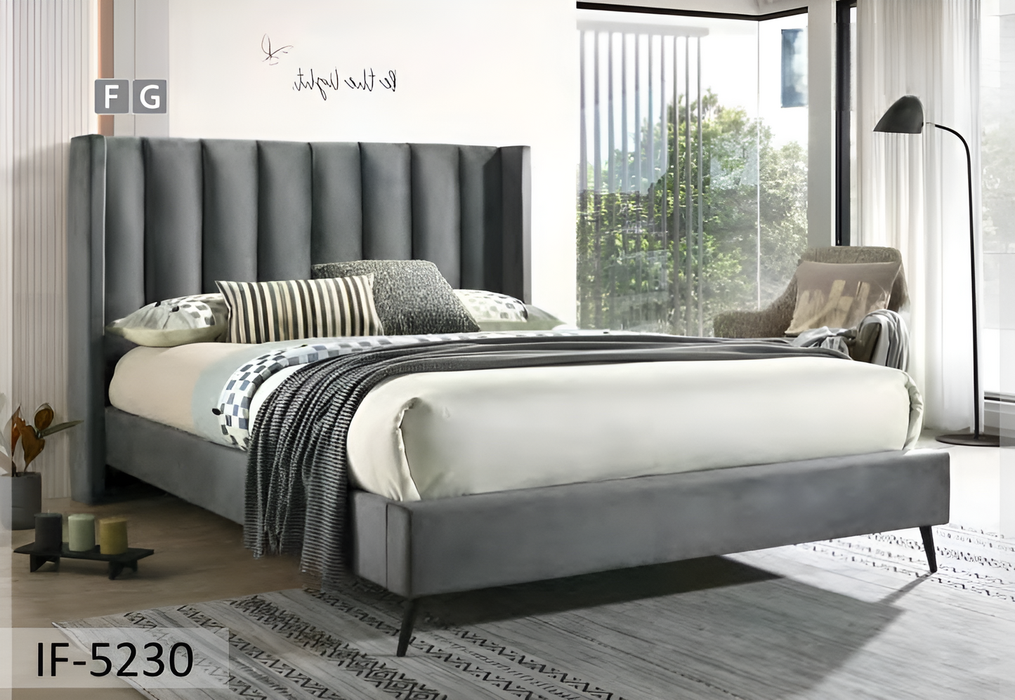 Soft Velvet Modern Style Wing Bed with Deep Vertical Tufting – IF-5231