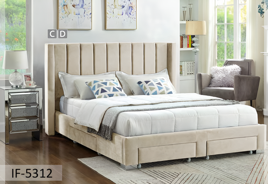 Velvet Fabric Wing Bed with Vertical Deep Tufting and Chrome Legs IF-5310