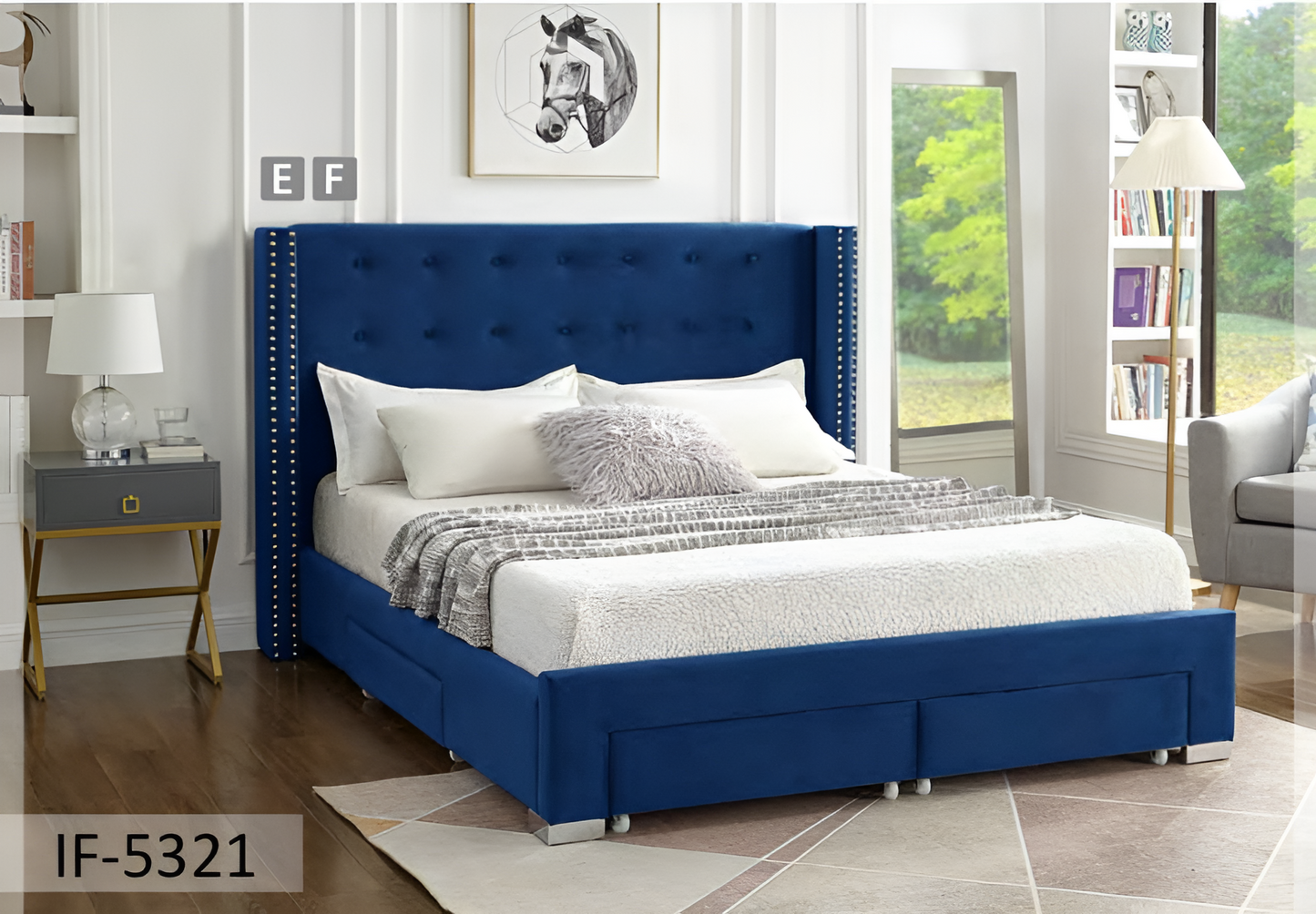 Velvet Fabric Wing Bed with Nailhead Trim and Chrome Legs – Model IF-5320
