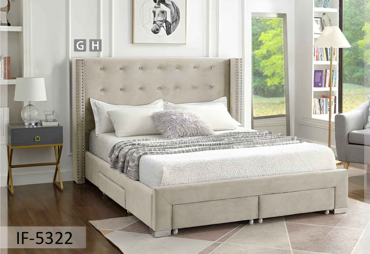 Velvet Fabric Wing Bed with Nailhead Trim and Chrome Legs – Model IF-5320
