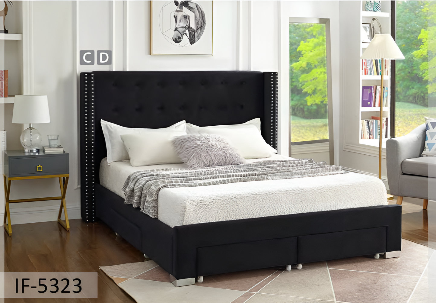 Velvet Fabric Wing Bed with Nailhead Trim and Chrome Legs – Model IF-5320