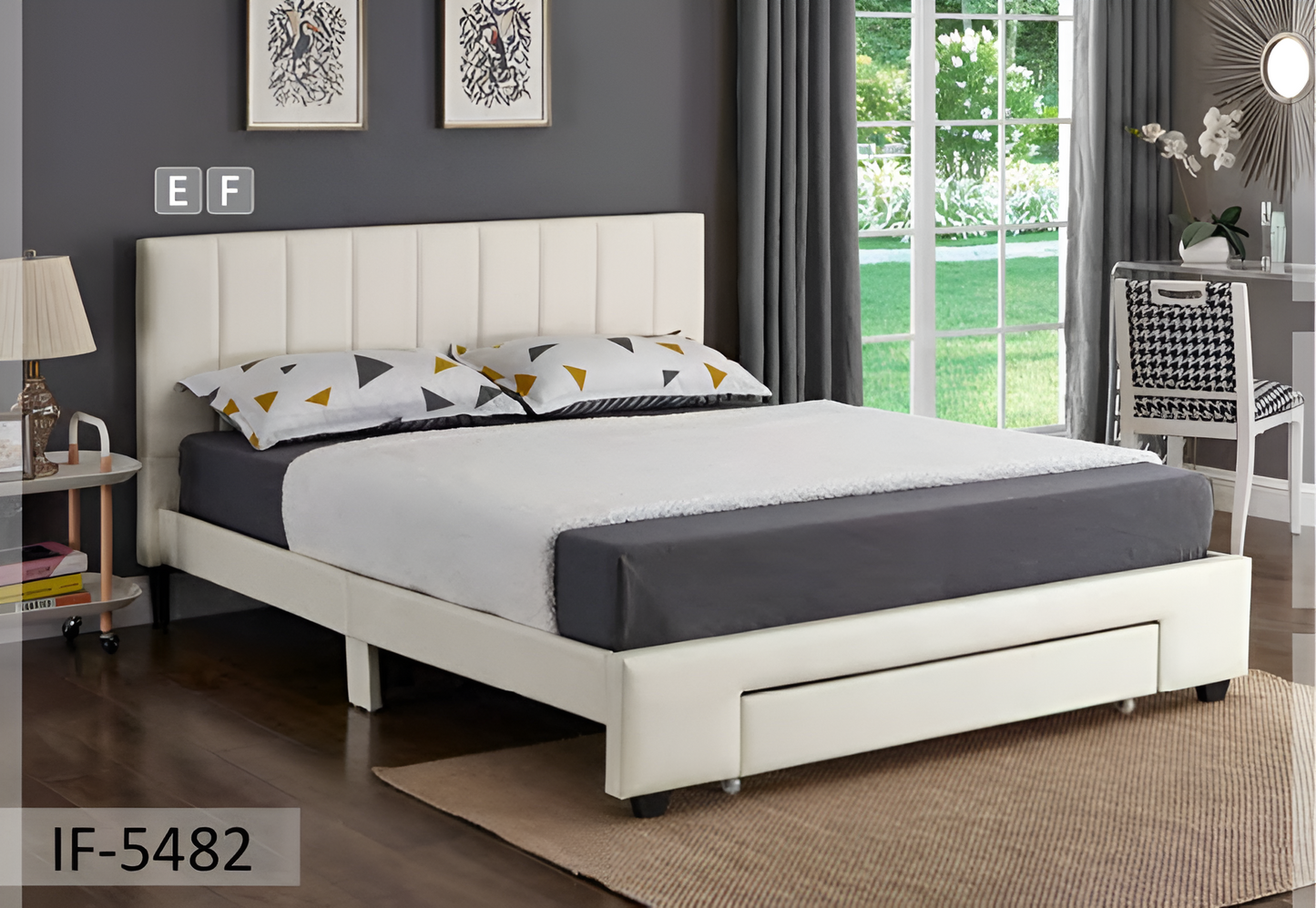 Fabric Bed with Padded Headboard, Storage Drawer – IF-5483