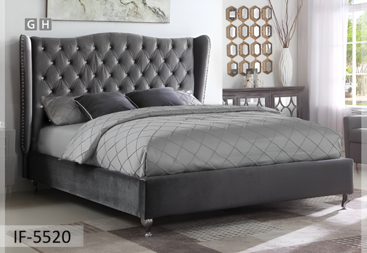 Velvet Fabric Wing Back Bed with Nailhead & Rhinestone Details – IF-5520