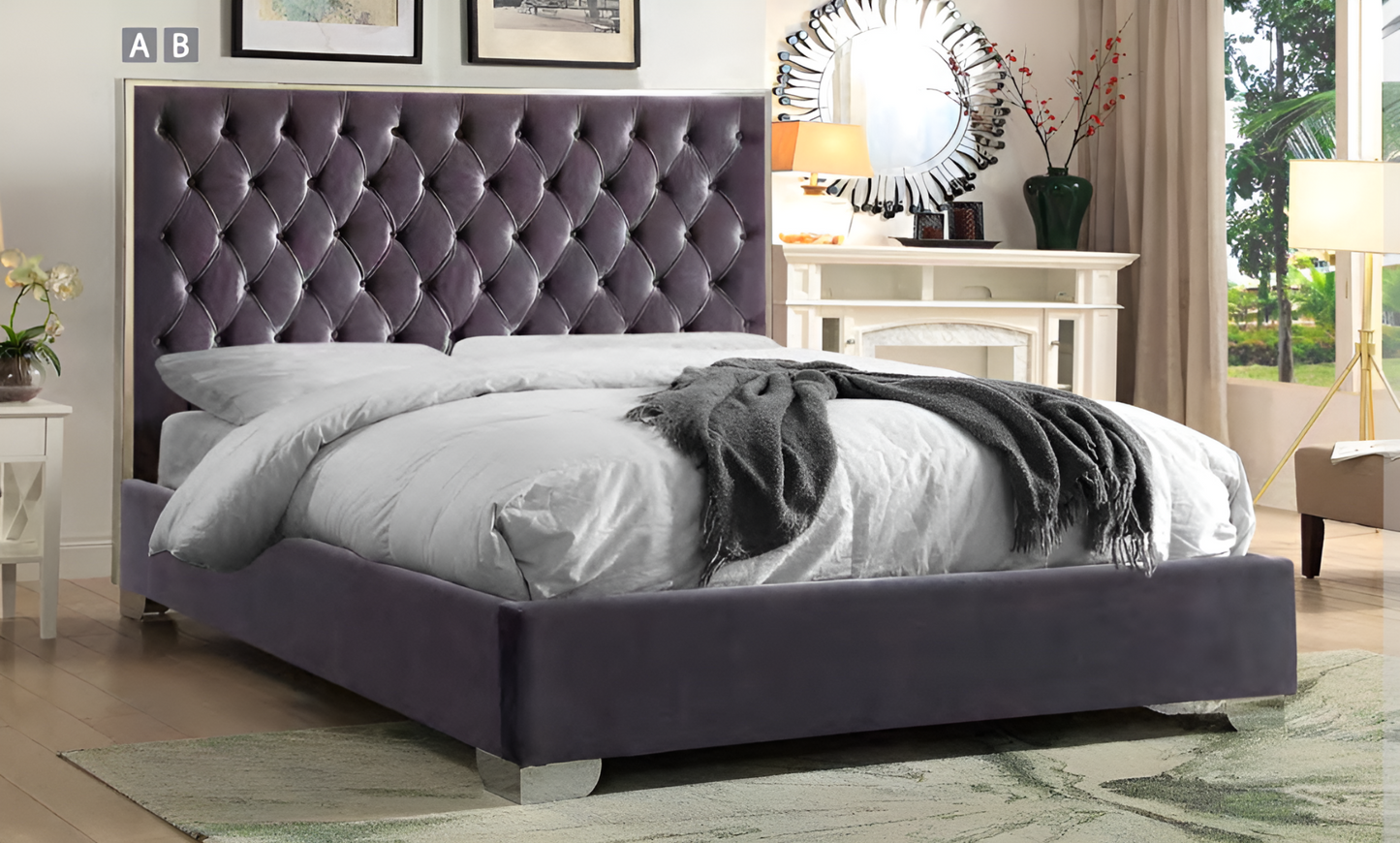 Velvet Fabric Bed with Deep Button Tufting & Chrome Trim on Headboard – IF-5540