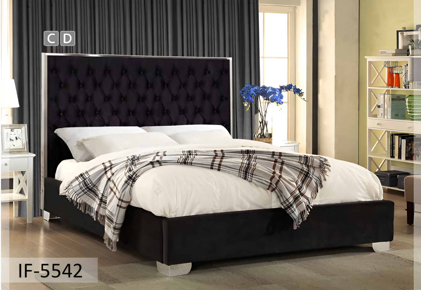Velvet Fabric Bed with Deep Button Tufting & Chrome Trim on Headboard – IF-5540