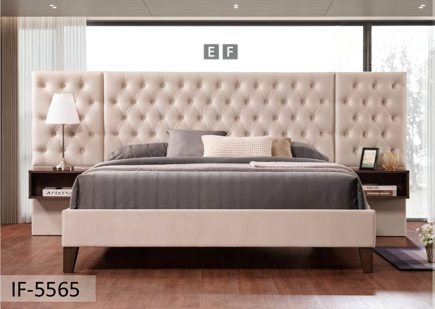 Lit plateforme en tissu velours beige IF-5565