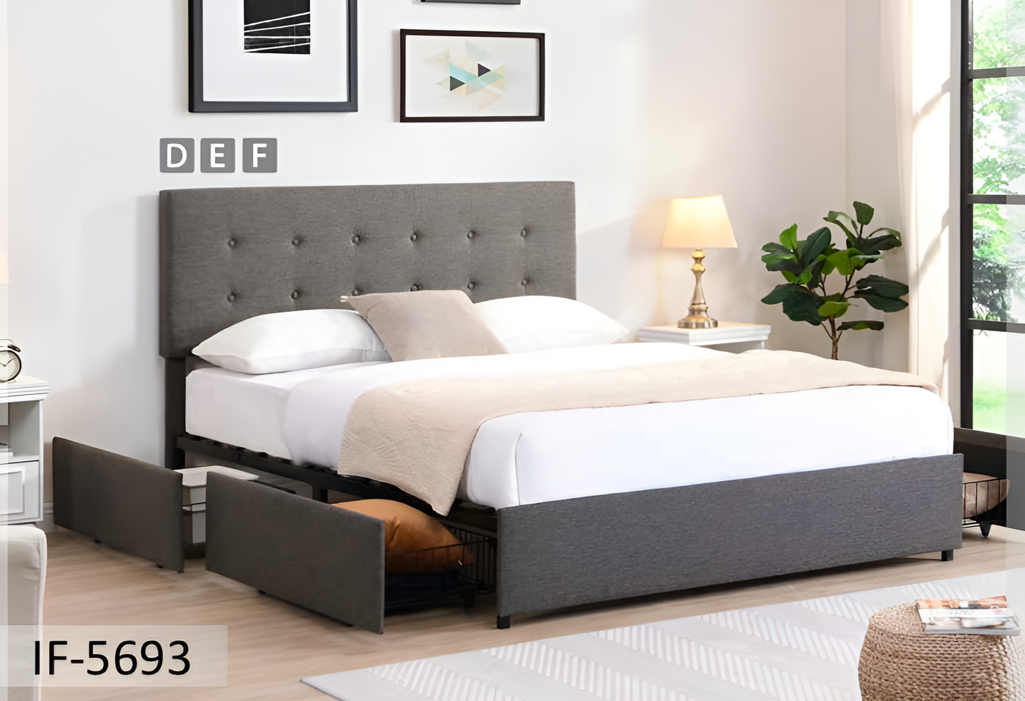 Fabric Platform Bed with Button Tufting Headboard & 4 Pull-Out Wire Mesh Storage Drawers – IF-5693