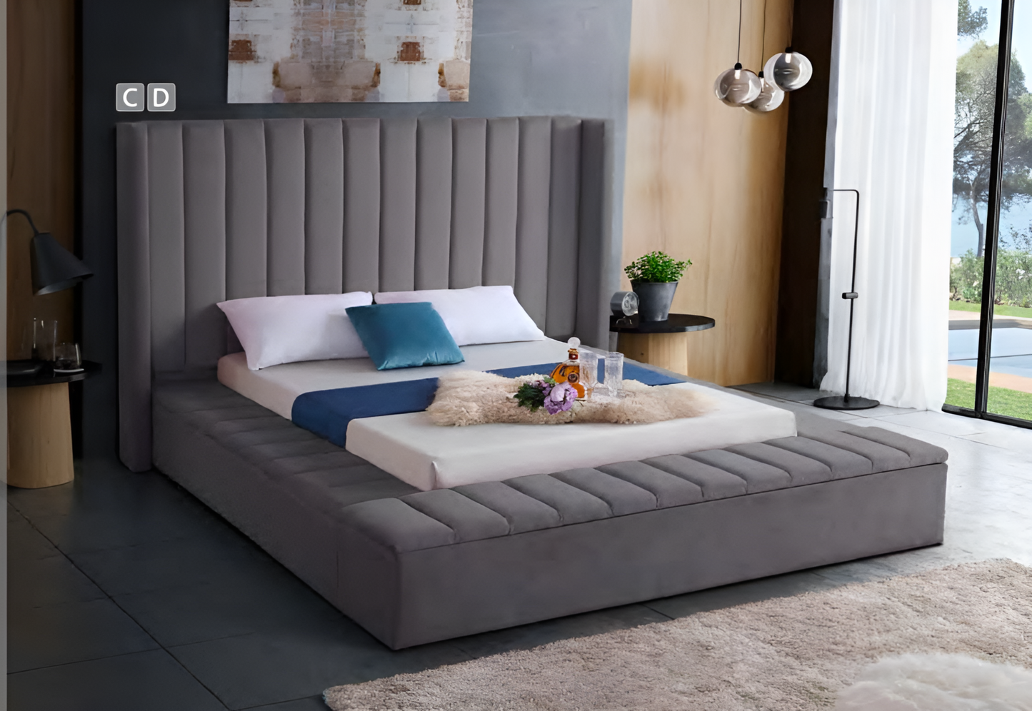Velvet Fabric Storage Wing Bed IF-5723
