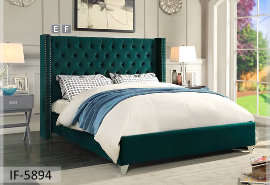 Velvet Wing Bed with Deep Button Tufting & Nailhead Trim – IF-5894