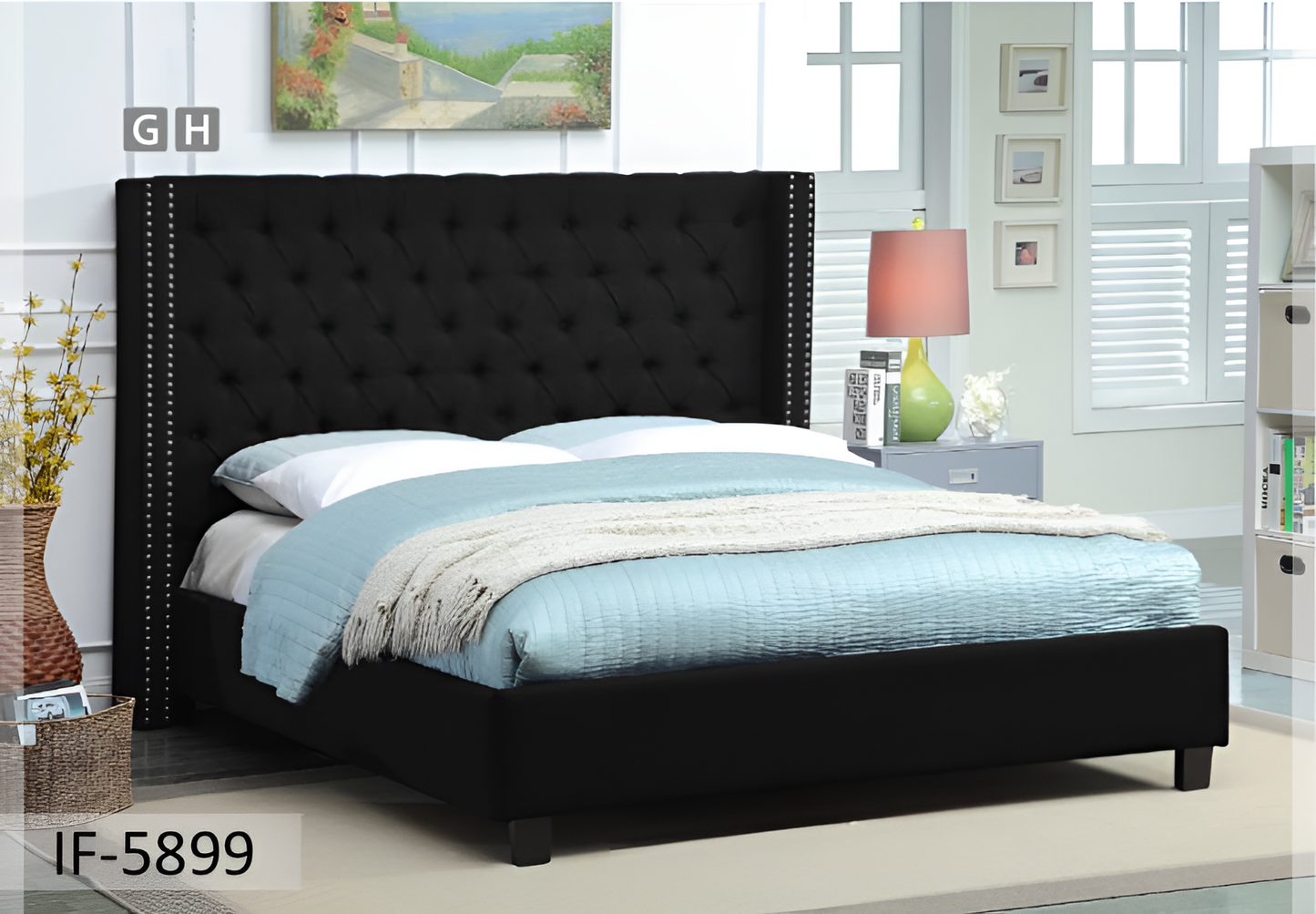 Fabric Wing Bed with Deep Button Tufting & Nailhead Trim – IF-5899