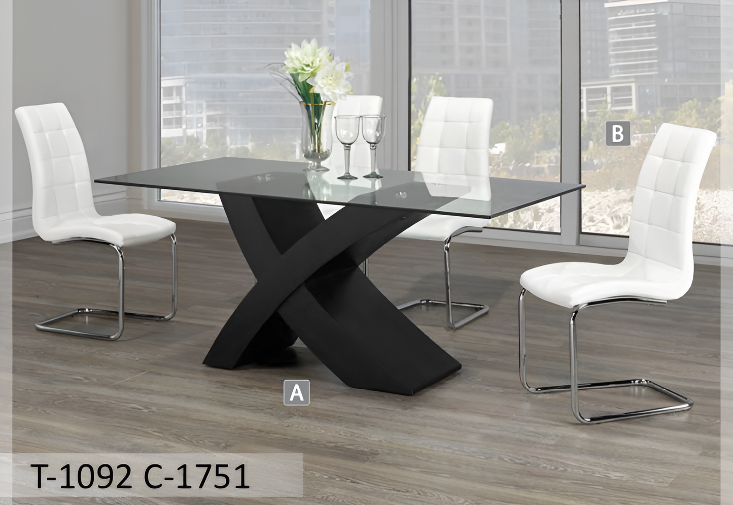Ensemble de salle à manger moderne en verre avec base en « X » – Modèle T-1092