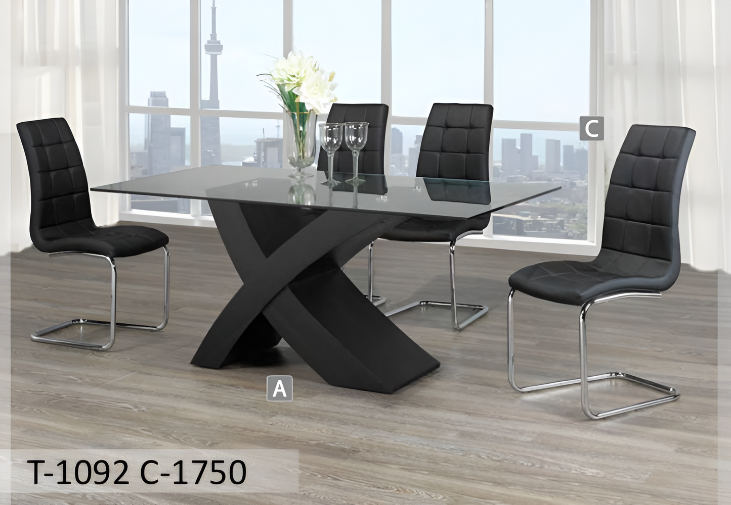 Ensemble de salle à manger moderne en verre avec base en « X » – Modèle T-1092