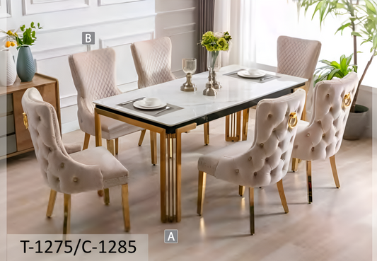 White Ceramic Marble Dining Set with Gold Velvet Chairs – T-1275