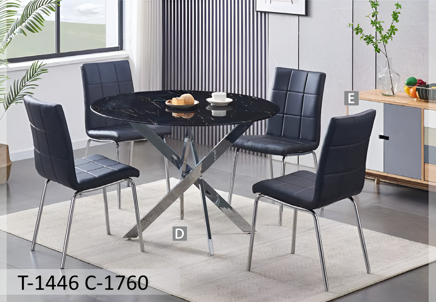 Ensemble de salle à manger rond en verre et marbre noir avec pieds chromés – Modèle T-1446