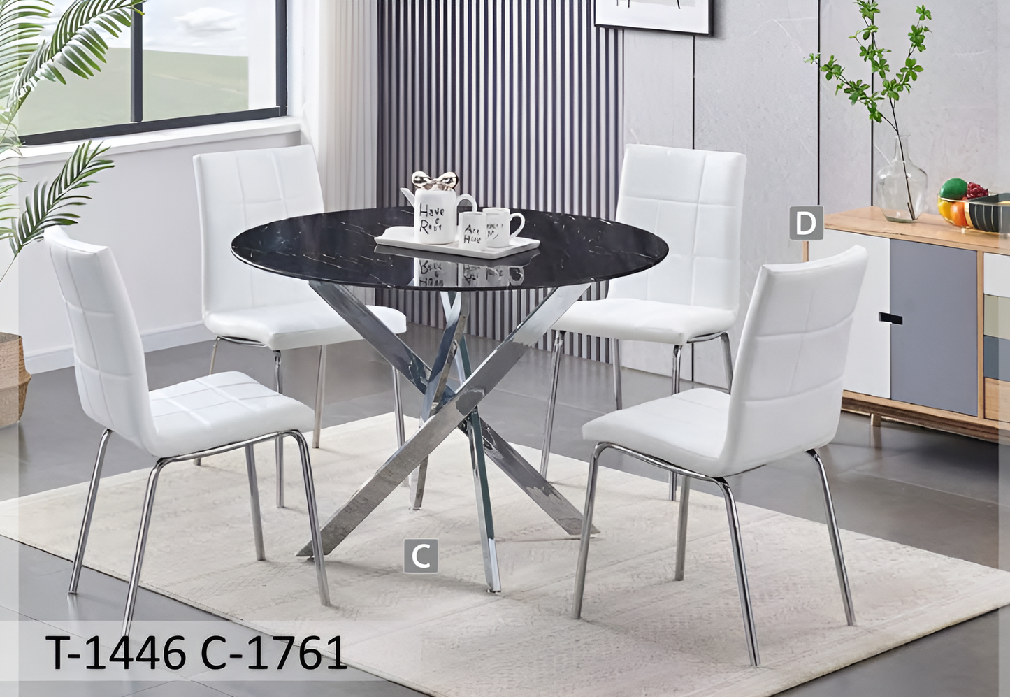 Ensemble de salle à manger rond en verre et marbre noir avec pieds chromés – Modèle T-1446