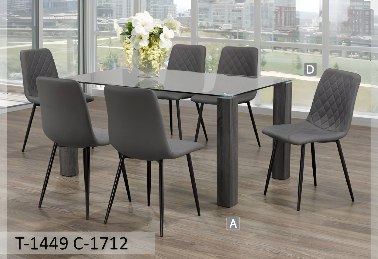 Ensemble de salle à manger moderne en verre transparent avec pieds en bois gris – Modèle T-1449