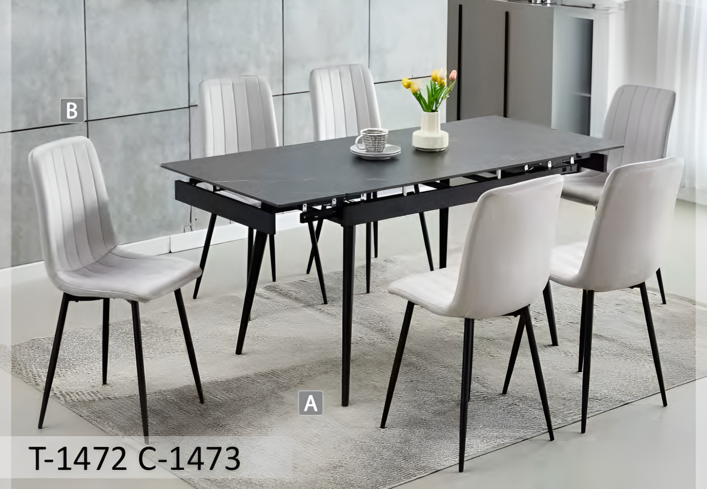 Ensemble de salle à manger extensible en pierre frittée noire avec chaises en velours – T-1472
