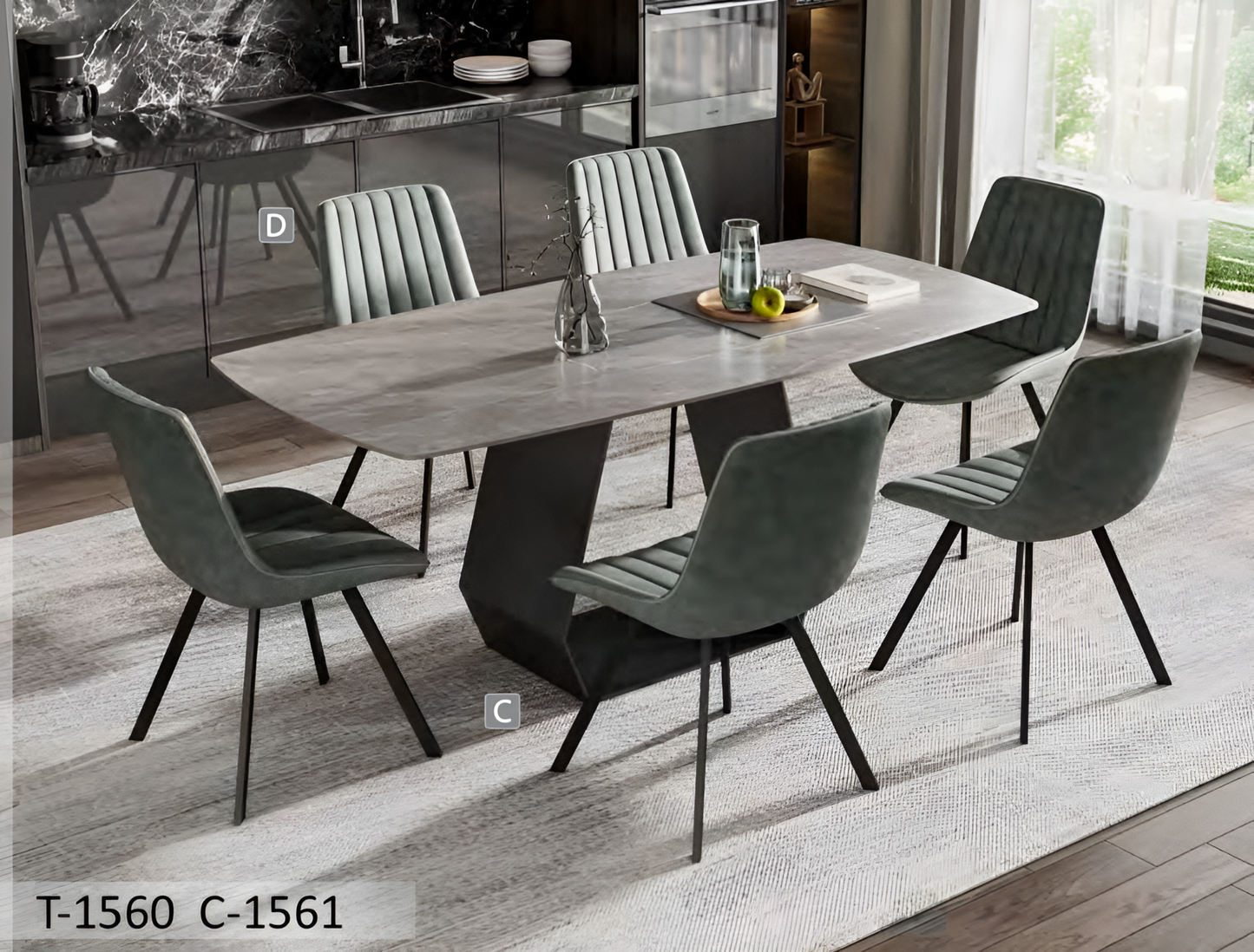 Ensemble de salle à manger Armani en pierre frittée grise avec chaises en polyuréthane souple – T-1560