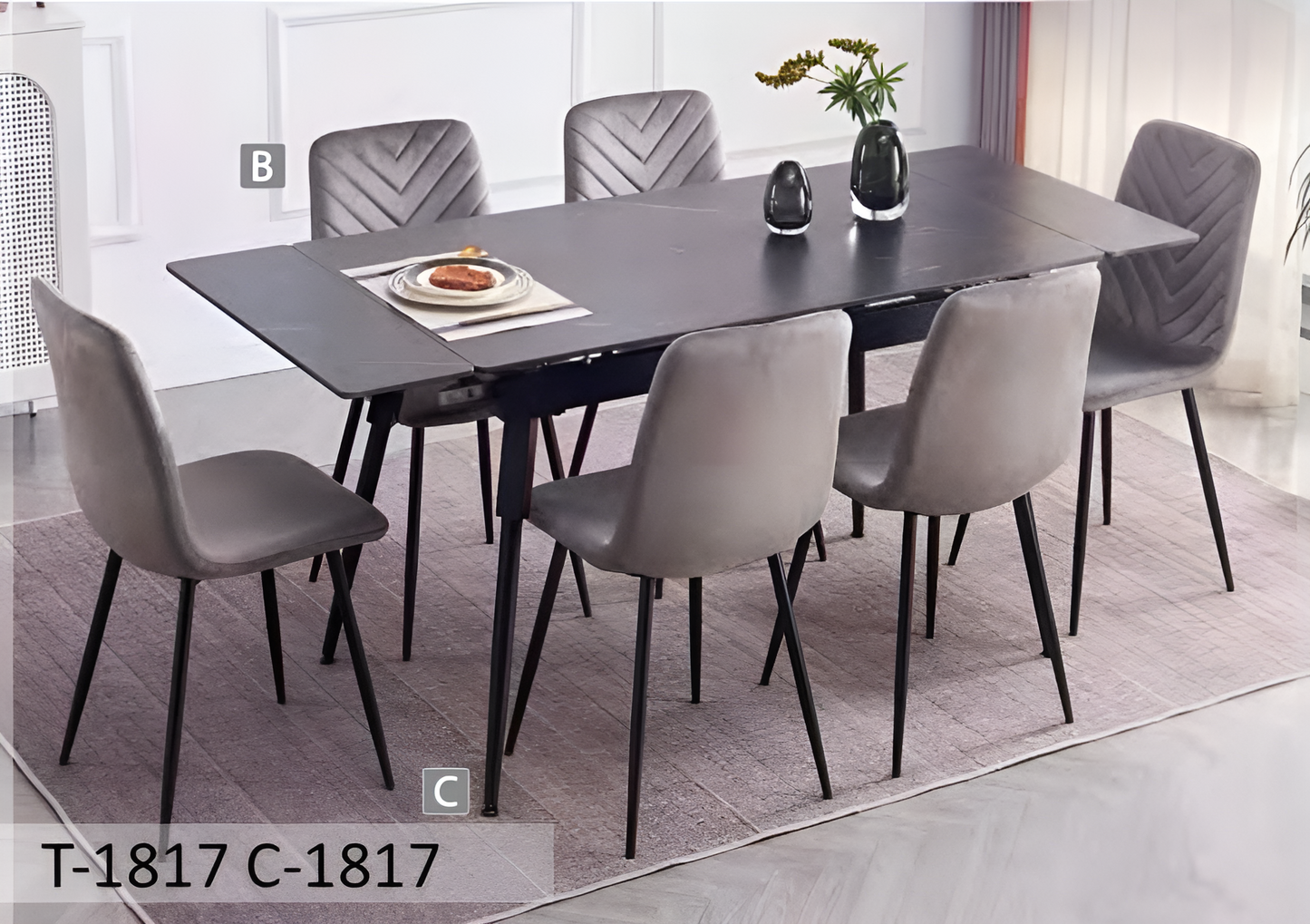 Ensemble de salle à manger extensible moderne avec chaises en velours à chevrons – T-1818