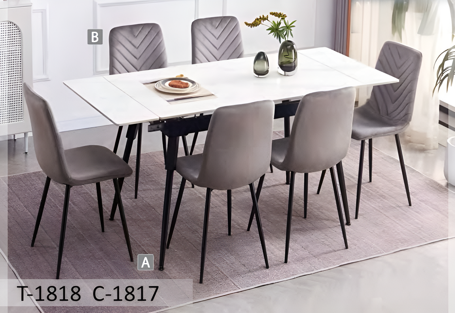 Ensemble de salle à manger extensible moderne avec chaises en velours à chevrons – T-1818