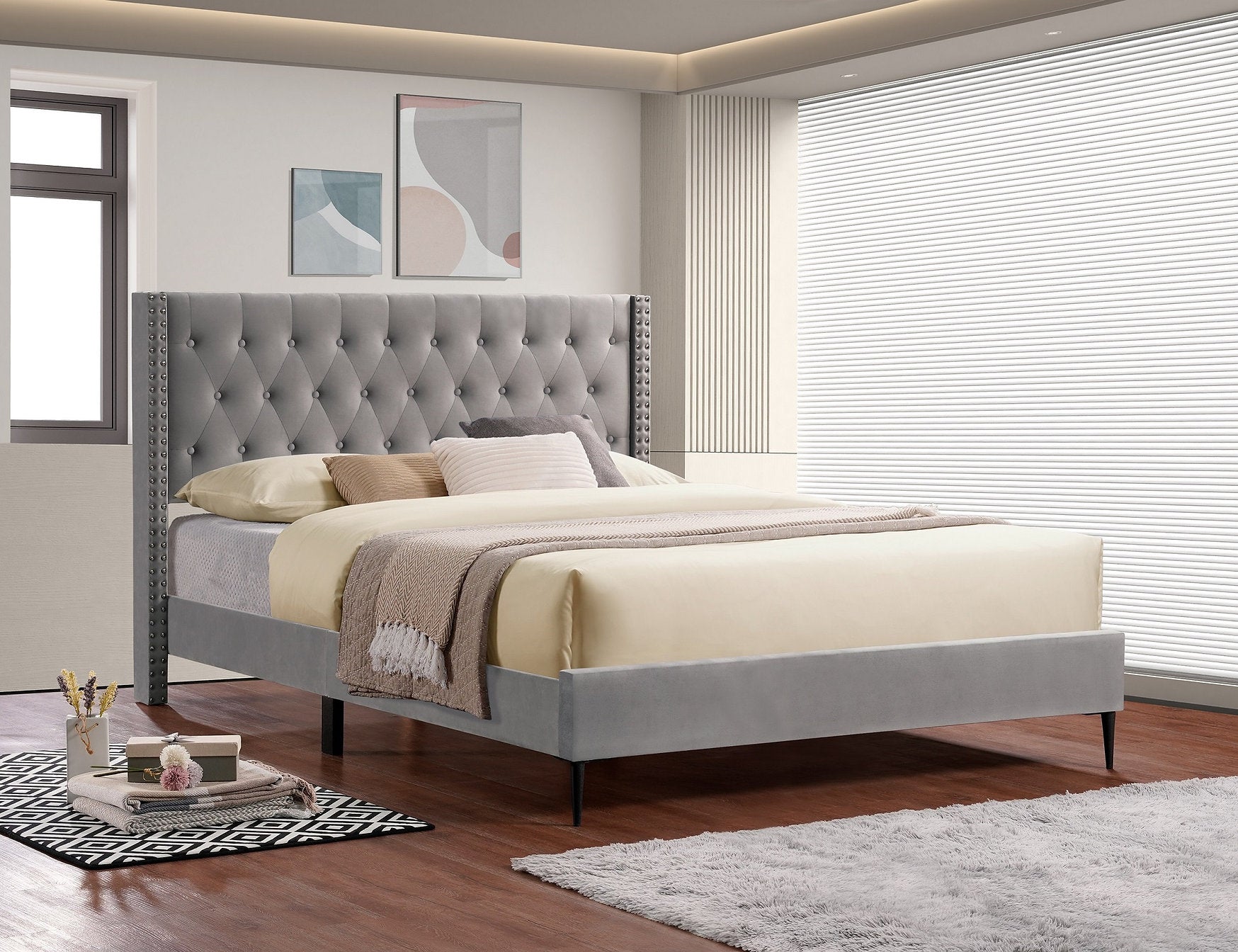 Velvet Fabric Bed with Diamond Pattern Button Tufting, Wing Headboard & Chrome Nailhead Trim – IF-5592