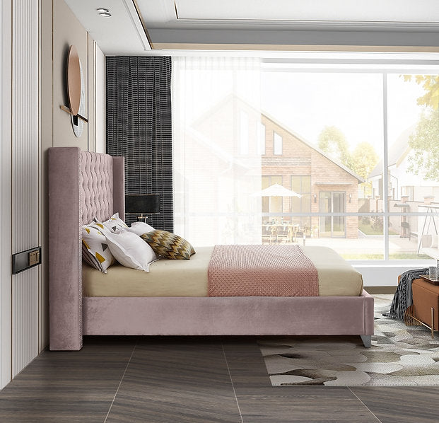 Dusty Pink Velvet Wing Bed with Deep Button Tufting & Nailhead Trim – IF-5895
