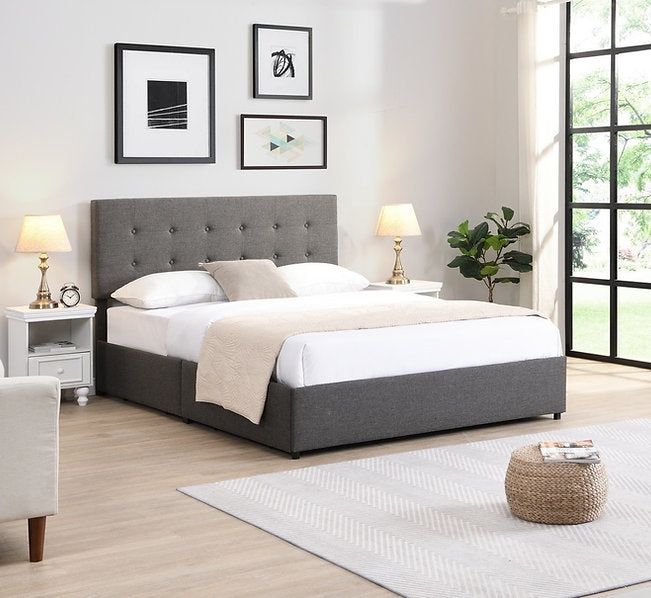 Fabric Platform Bed with Button Tufting Headboard & 4 Pull-Out Wire Mesh Storage Drawers – IF-5693