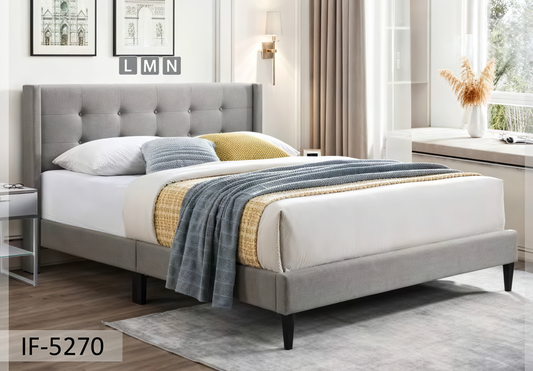 Fabric Bed with Button Tufting, Wing Headboard & Tapered Legs – IF-5270