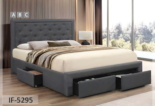 Fabric Platform Bed with Button Tufting Headboard & 3 Storage Drawers – IF-5295