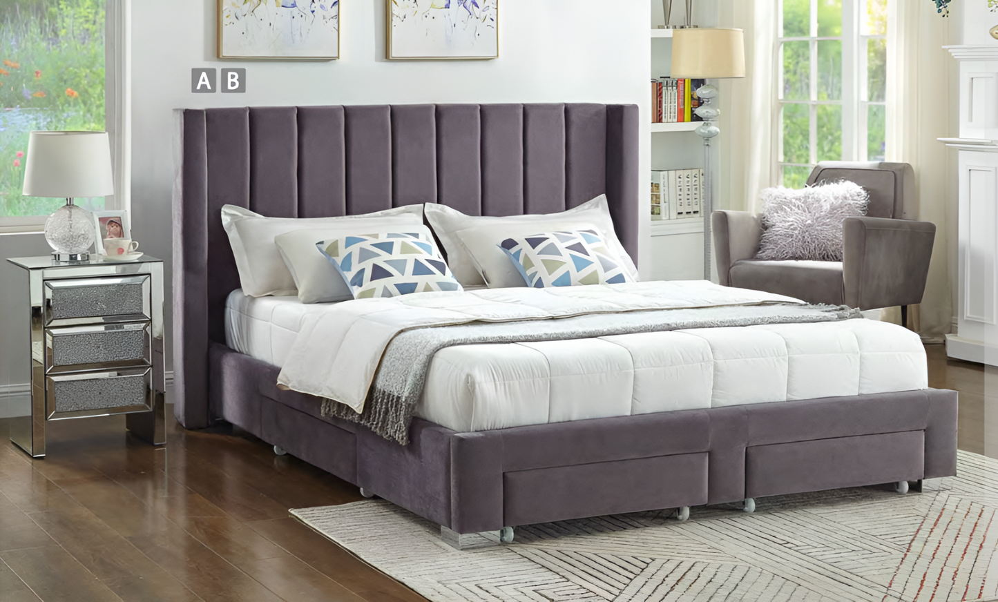 Velvet Fabric Wing Bed with Vertical Deep Tufting and Chrome Legs IF-5310