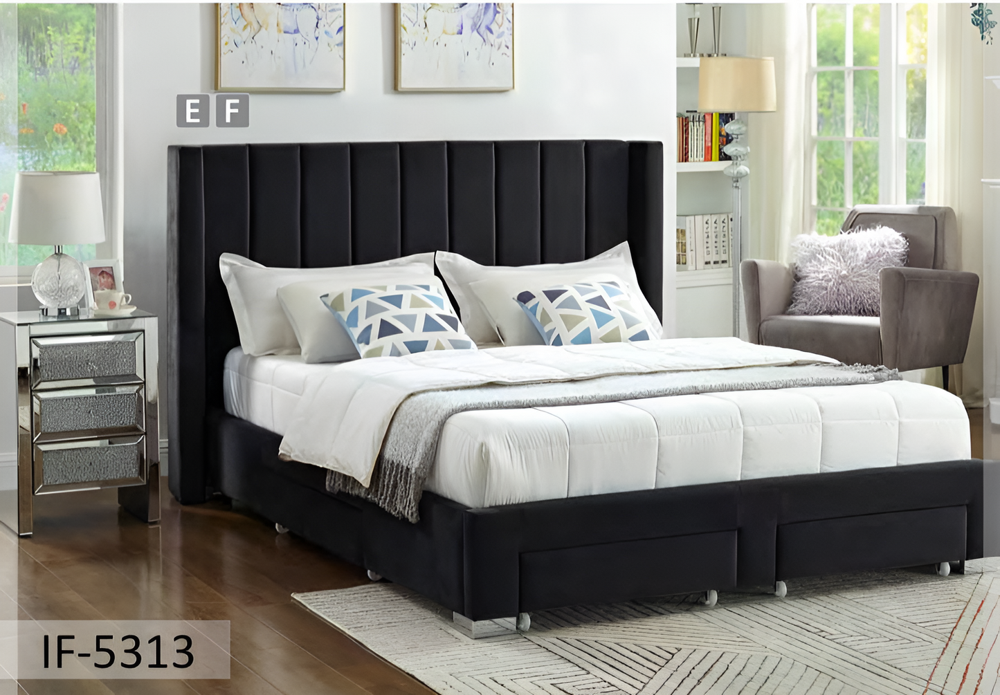 Velvet Fabric Wing Bed with Vertical Deep Tufting and Chrome Legs IF-5310