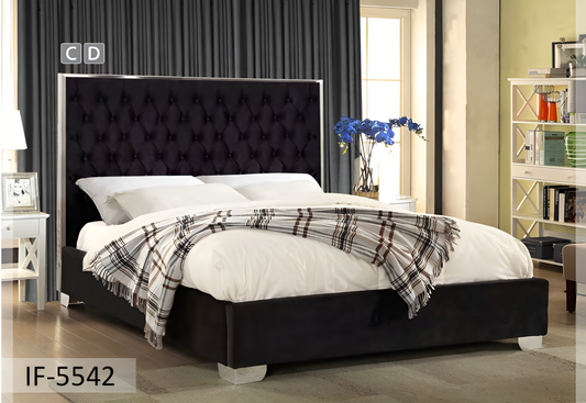 Velvet Fabric Bed with Deep Button Tufting & Chrome Trim on Headboard – IF-5540