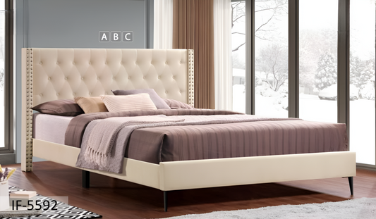 Velvet Fabric Bed with Diamond Pattern Button Tufting, Wing Headboard & Chrome Nailhead Trim – IF-5592