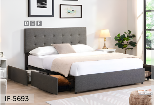 Fabric Platform Bed with Button Tufting Headboard & 4 Pull-Out Wire Mesh Storage Drawers – IF-5693