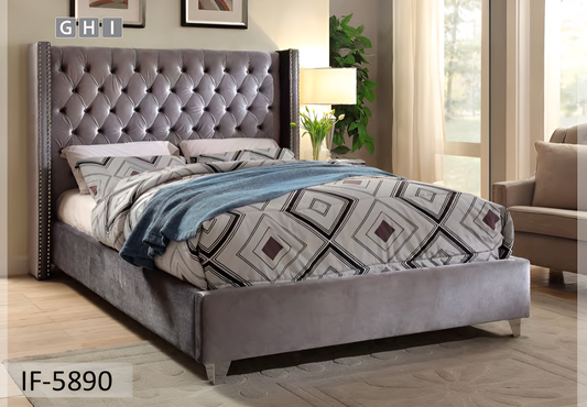 Velvet Fabric Bed with Deep Button Tufting & Nailhead Trim – IF-5892