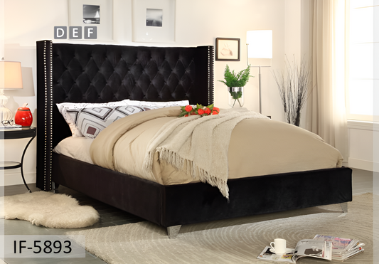 Velvet Fabric Bed with Deep Button Tufting & Nailhead Trim – IF-5893