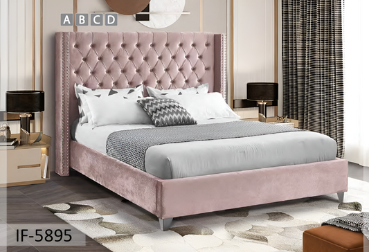 Dusty Pink Velvet Wing Bed with Deep Button Tufting & Nailhead Trim – IF-5895