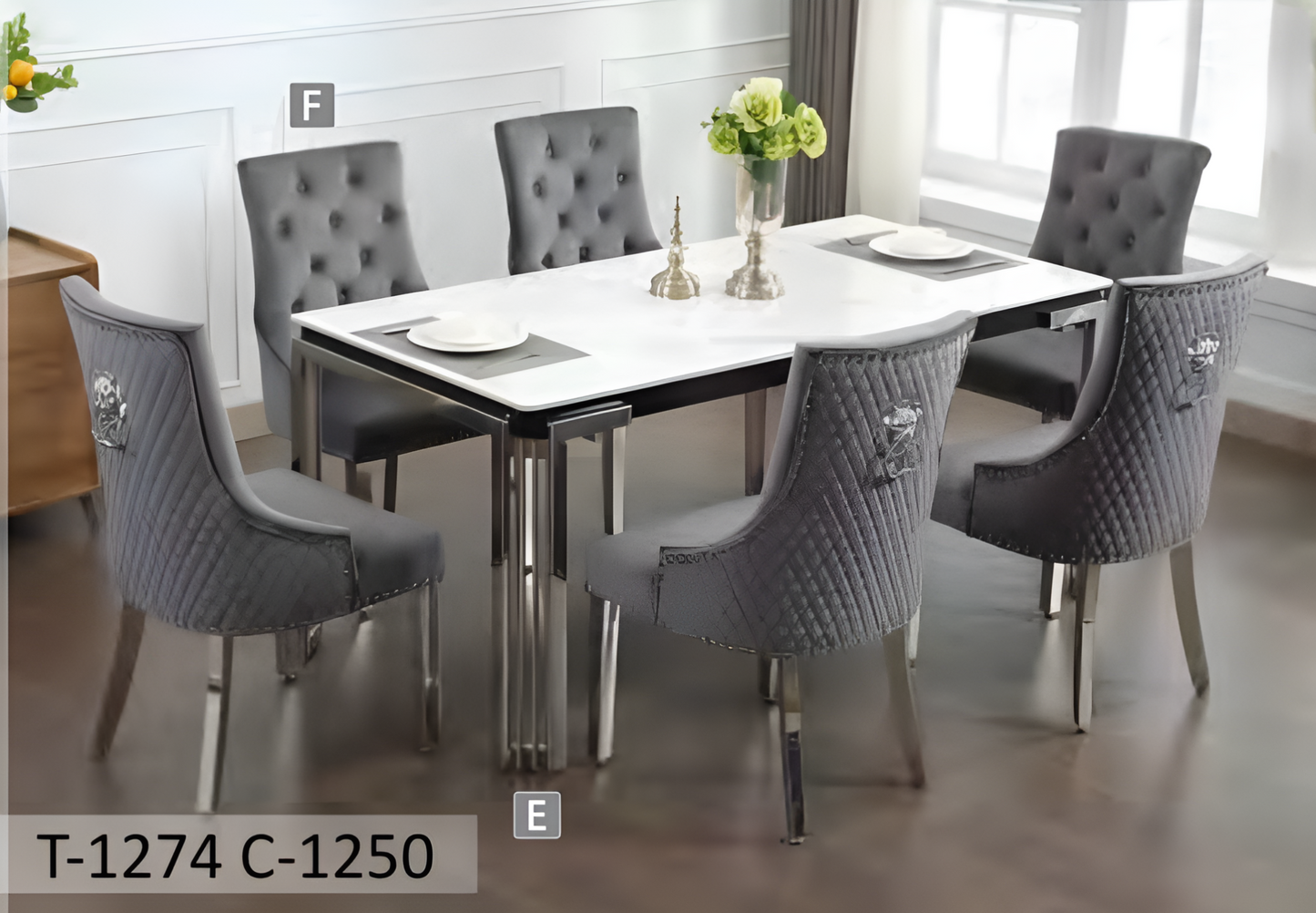 Ensemble de salle à manger en céramique et marbre avec chaises en velours Lion Knocker – T-1274