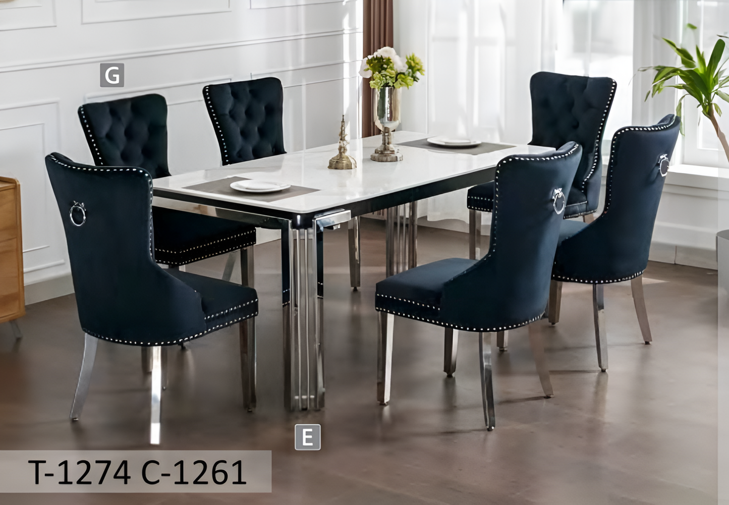 Ensemble de salle à manger en céramique et marbre avec chaises en velours Lion Knocker – T-1274