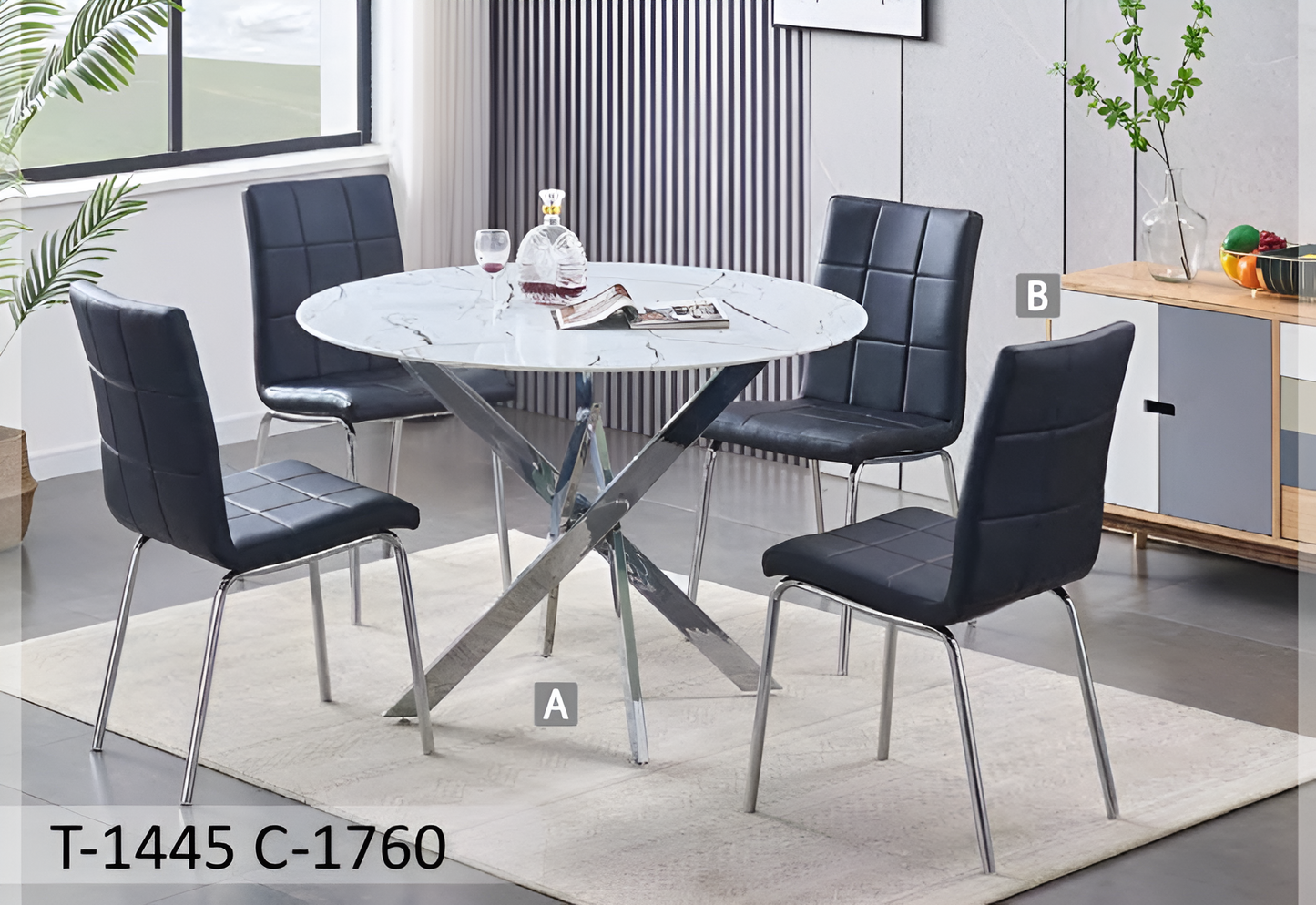Ensemble de salle à manger rond en verre marbré avec pieds chromés – Modèle T-1445