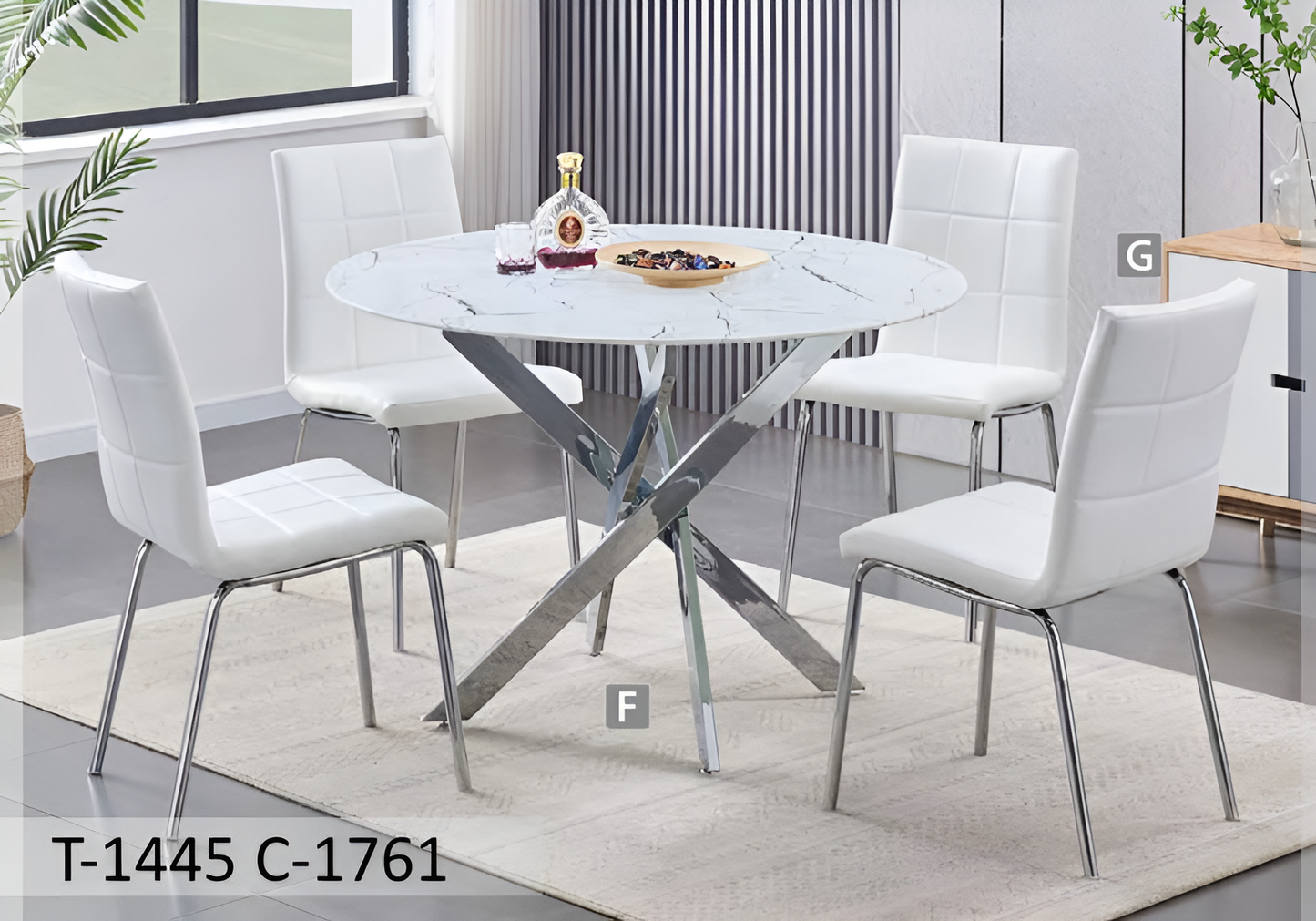 Ensemble de salle à manger rond en verre marbré avec pieds chromés – Modèle T-1445