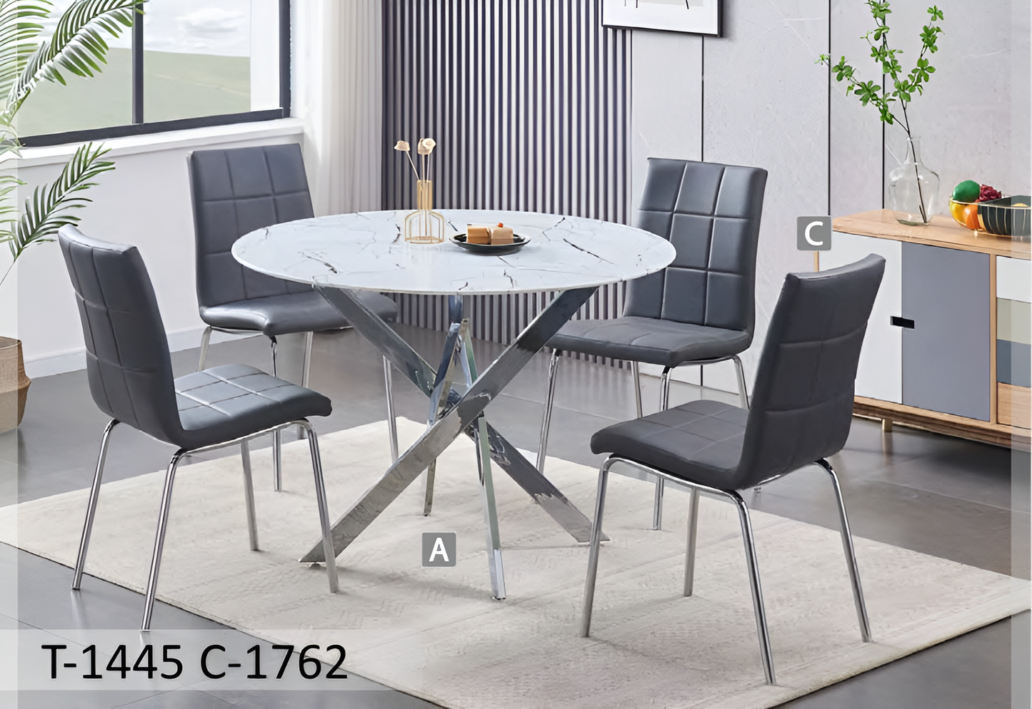 Ensemble de salle à manger rond en verre marbré avec pieds chromés – Modèle T-1445