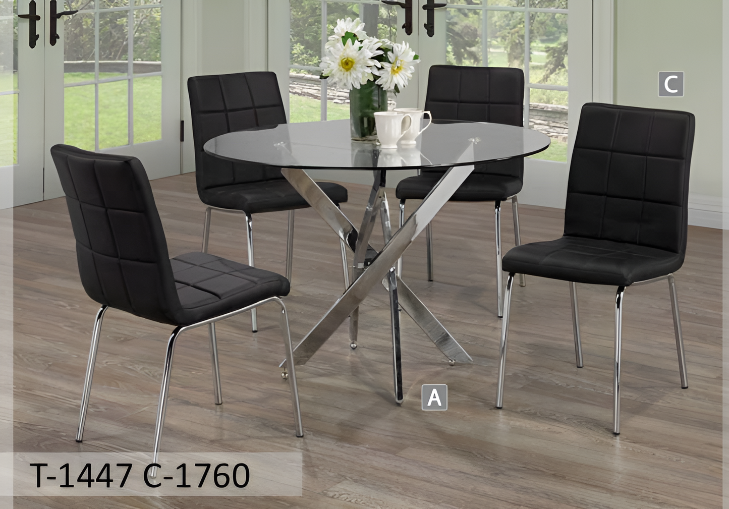 Ensemble de salle à manger contemporain rond en verre avec pieds chromés – Modèle T-1447
