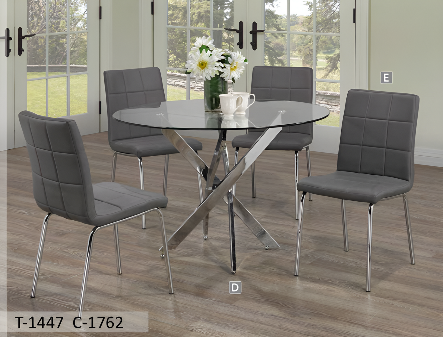 Ensemble de salle à manger contemporain rond en verre avec pieds chromés – Modèle T-1447