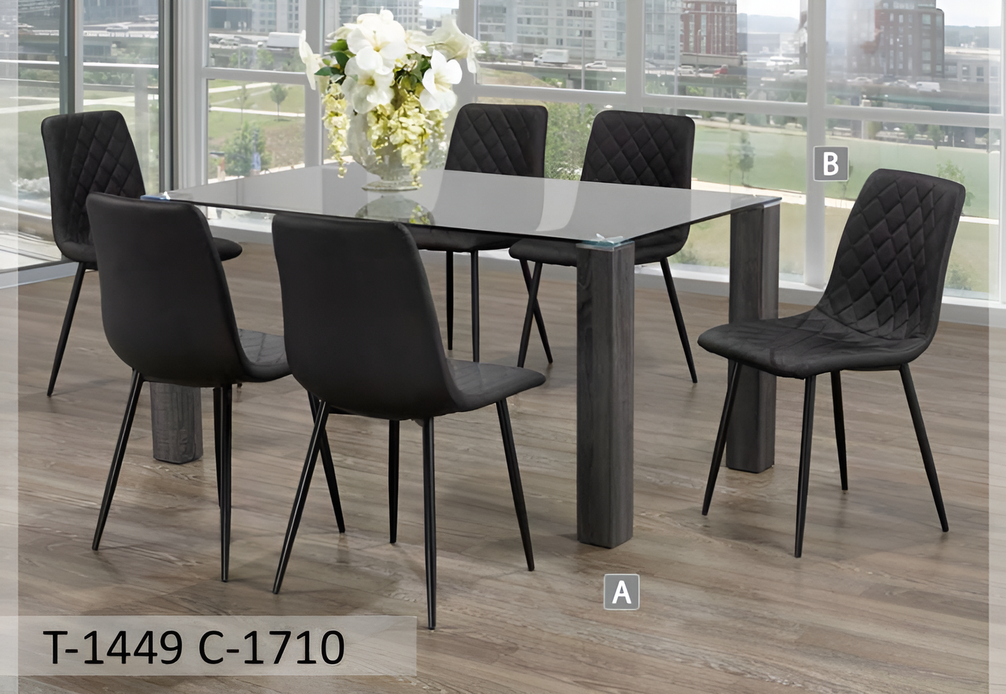 Ensemble de salle à manger moderne en verre transparent avec pieds en bois gris – Modèle T-1449
