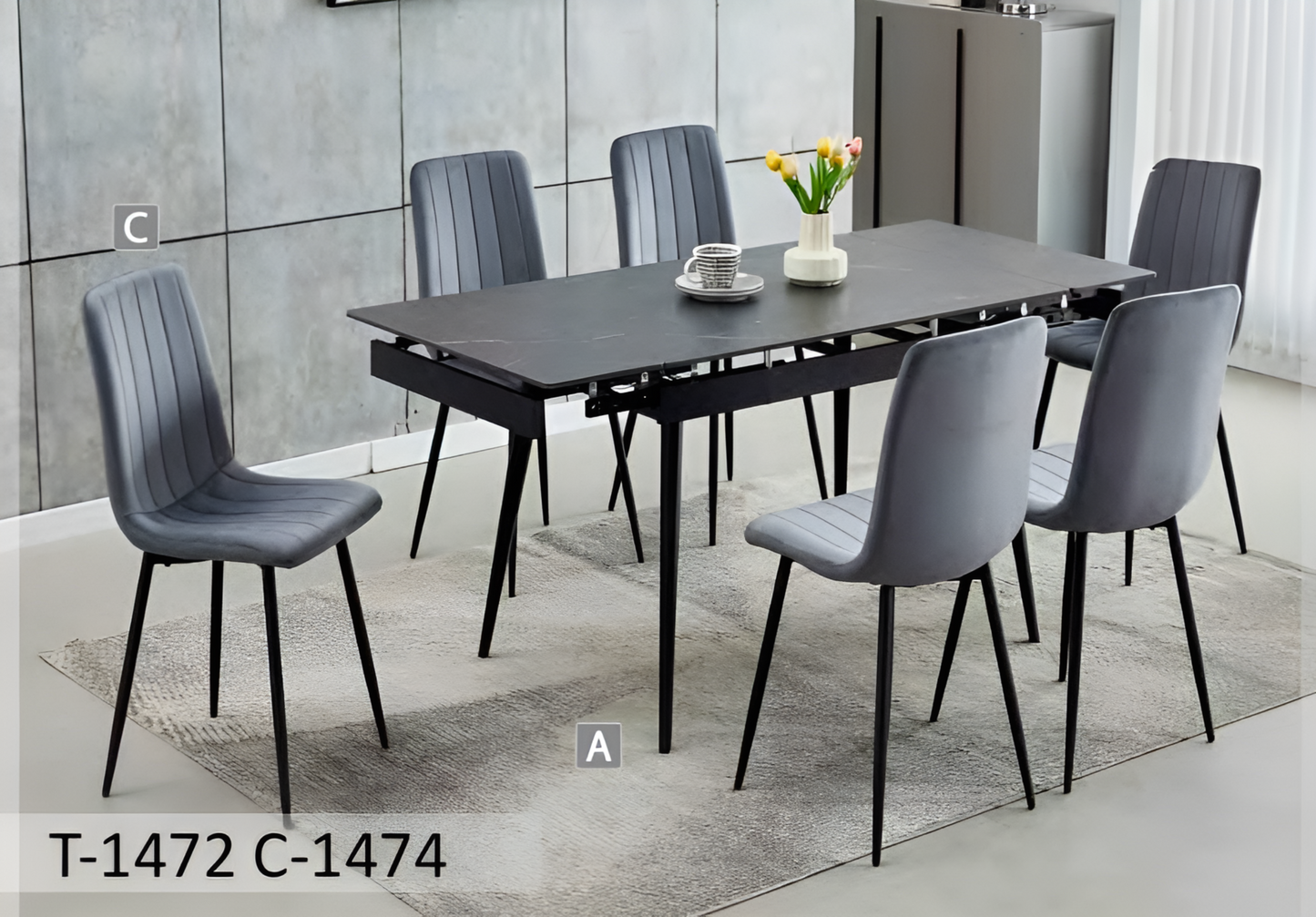 Ensemble de salle à manger extensible en pierre frittée noire avec chaises en velours – T-1472