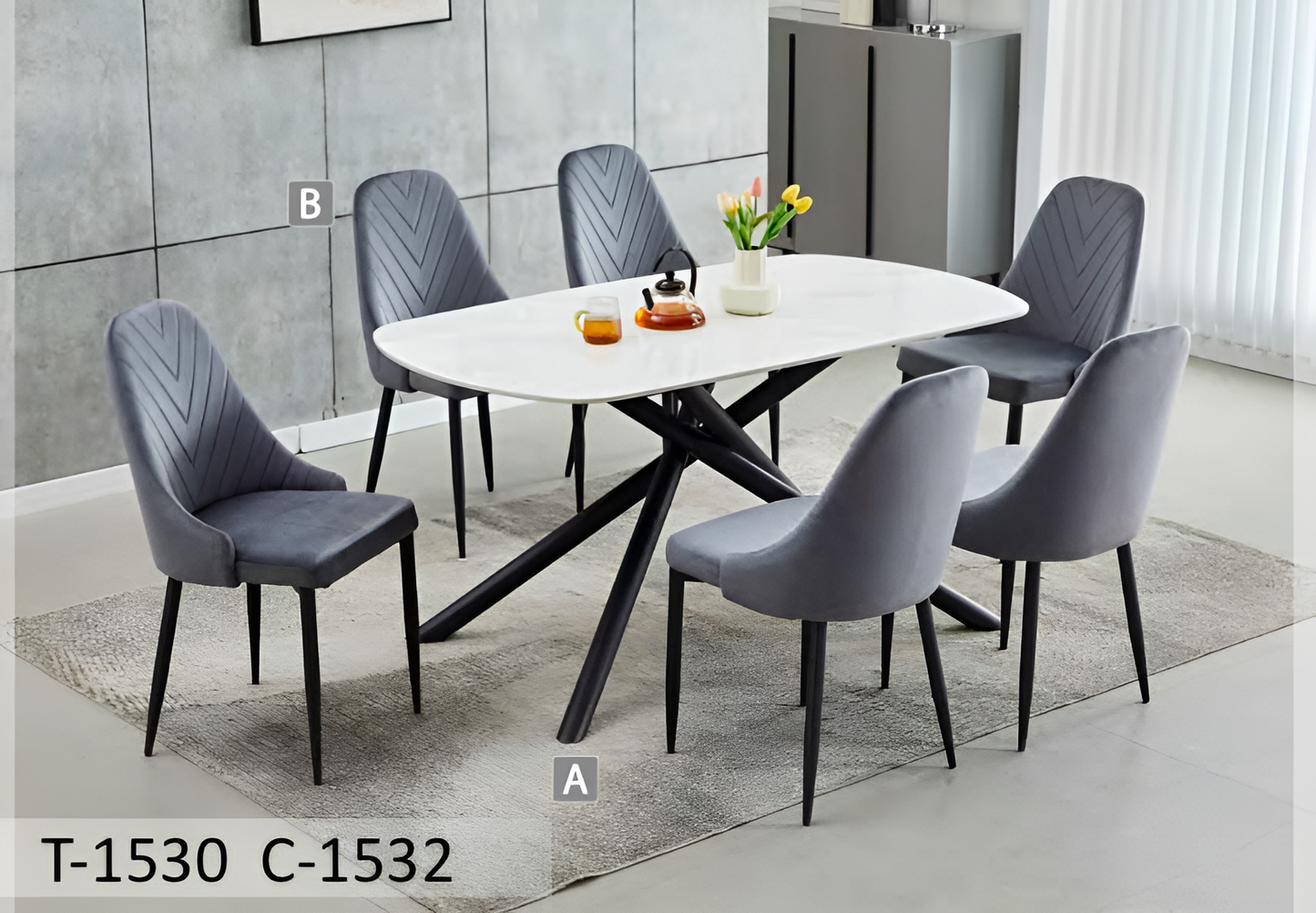 Ensemble de salle à manger en pierre frittée blanche avec chaises en velours – T-1530
