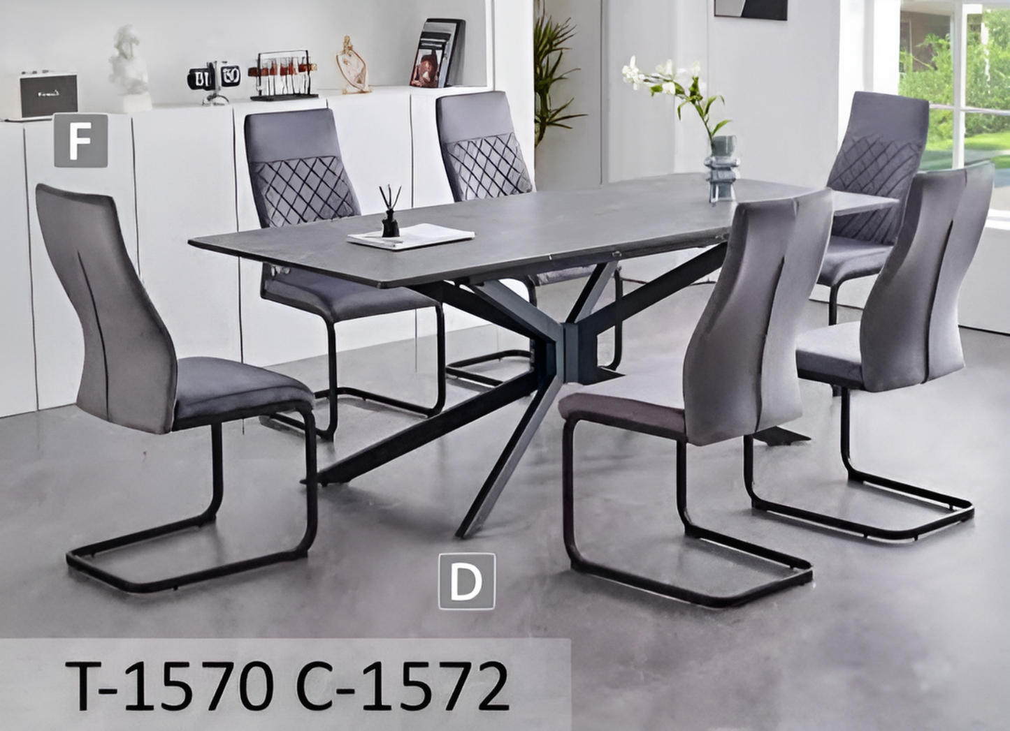 Ensemble de salle à manger extensible en faux marbre gris avec chaises en velours à piètement en C – T-1570