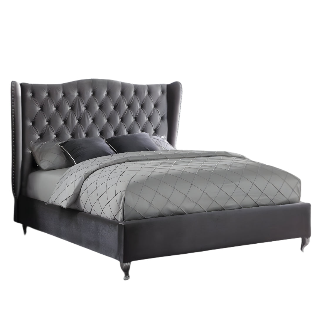 Velvet Fabric Wing Back Bed with Nailhead & Rhinestone Details – IF-5520